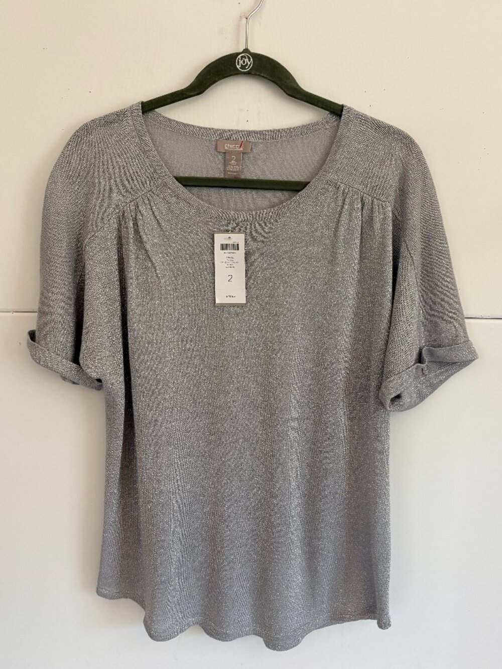 Chicos Metallic Silver Women's Short Sleeve Linen Blend Knit Top Sz 2 Large